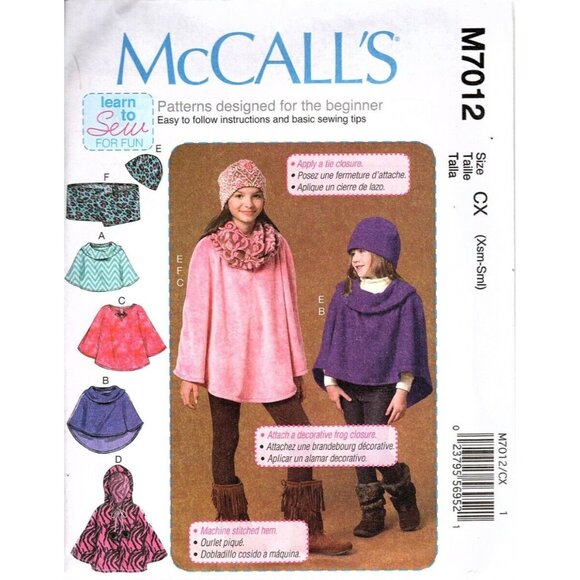McCall's M7012 Girls XS to Small Poncho, Hat and Scarf Pattern New - Picture 1 of 2